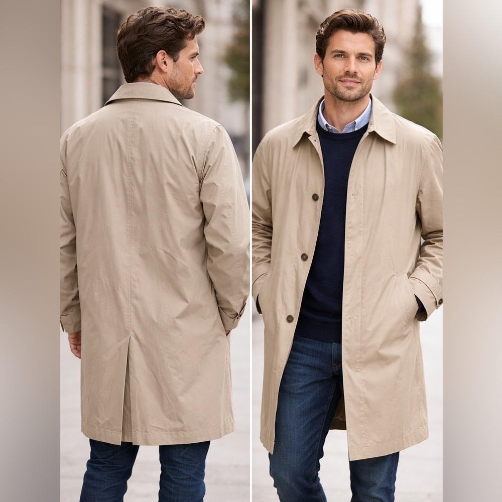London Fog Men's Beige Trench Coat Removable Liner Classic Rain Coat L Reg
